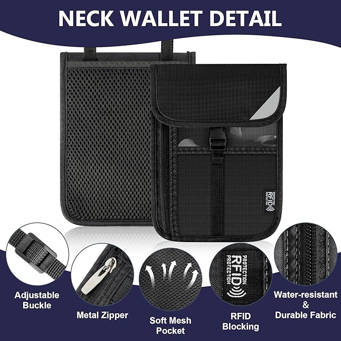 Likesing 5.9" L x 8" W Travel Neck Wallet, RFID Blocking Passport Holder for Travel Women Men, Security Passport Wallet with Buckle, Neck Pouch Gifts for Traveling Family (Black)