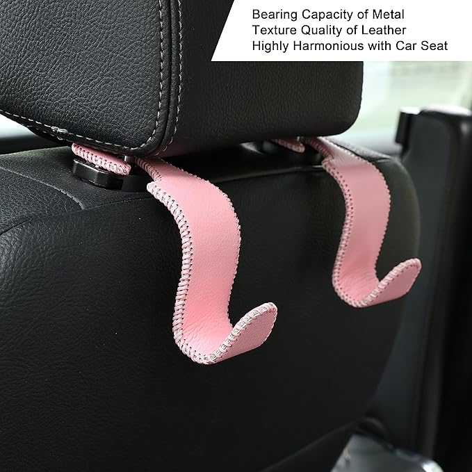 Amooca Car Seat Headrest Hook Universal Vehicle Storage Hanger Leather with Metal Car Seat Back Organizer for Handbag Purse Coat Pink 2 Pack