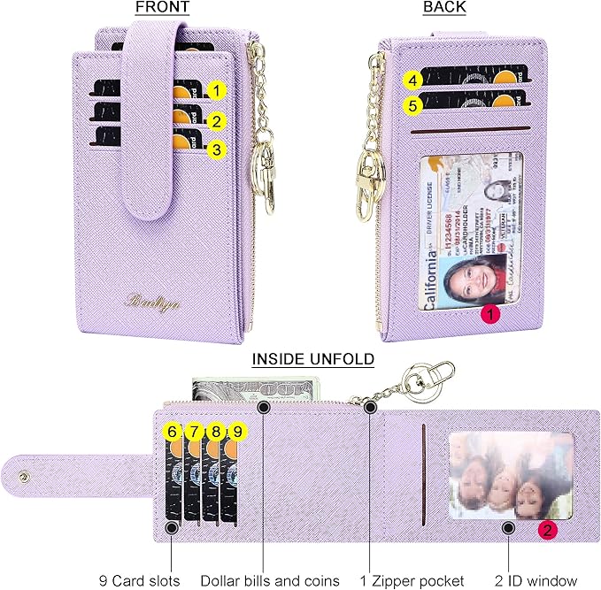 Badiya Slim Women Wallet RFID Blocking Bifold Compact 9 Card Slots Holder Wallets Soft Leather with Zipper Coin Pocket 2 ID Window