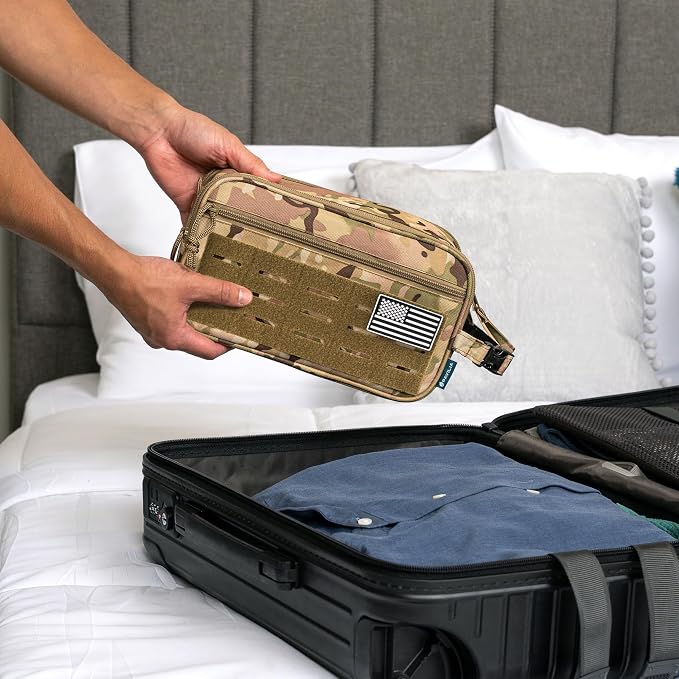 PAVILIA Tactical Toiletry Bag for Men, Water Resistant Molle Military Dopp Kit, Travel Hygiene Organizer with Wet Dry Storage for Shaving, Grooming, Gym and Camping, Camo XL