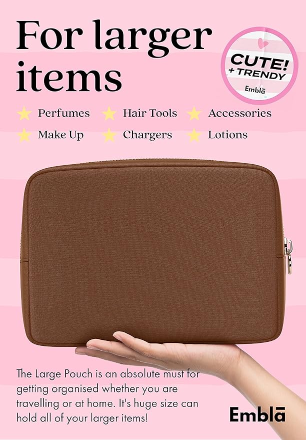 Embla Large Makeup Bag and Waterproof Nylon Travel Toiletry Bag, Large Capacity Cosmetic Zipper Pouch, Dark Brown