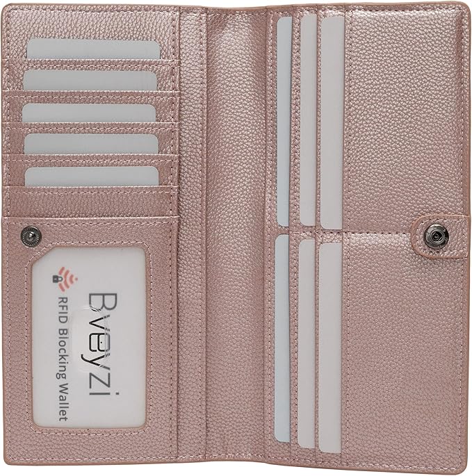 Bveyzi Ultra Slim Thin Leather RFID Blocking Credit Card Holder Bifold Clutch Wallets for Women