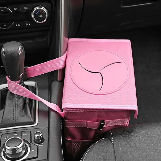 AOKJOY Car Garbage can with lid Leak Proof Vehicle Trash Can 3 Storage Pockets Hanging Waterproof car Trash Bag for SUV Pink