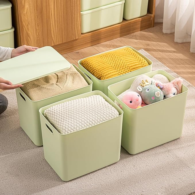 4 pack large plastic White storage bins with Lids, Toy Box Chest with Handle，Organizer Containers Baskets for Baby,Nursery，Shelves，Playroom, Bedroom，Office,Closet，home (Light Green, 4XL)
