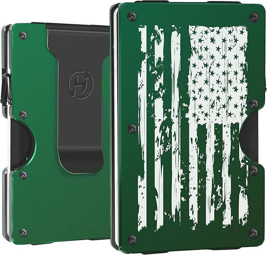 Men Minimalist Metal Wallet | American USA Flag | Slim Engraved Aluminum Credit Card Holder | Personalized Mini Front Pocket Money Case | RFID Blocking EDC Tactical Wallets