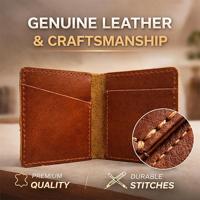 Leather Bifold Card Holder Wallet for Men & Women – Slim Minimalist Front Pocket Credit Card Wallet, Compact Leather Credit Card Case for Travel & Everyday Carry, Gift Box Included- Tan