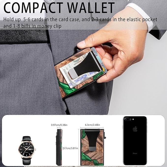 Slim Aluminum Wallet for Men, RFID Blocking Minimalist Matel Pop Up Card Holder Wallet, Holds 8+ Cards,Durable Removable Money Clip & Money Pocket(Resin Green Wood)