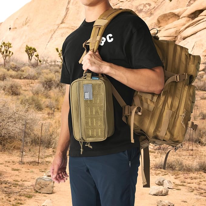 PAVILIA Tactical Toiletry Bag for Men, Water Resistant Molle Military Dopp Kit, Travel Hygiene Organizer with Wet Dry Storage for Shaving, Grooming, Gym and Camping, Tan XL