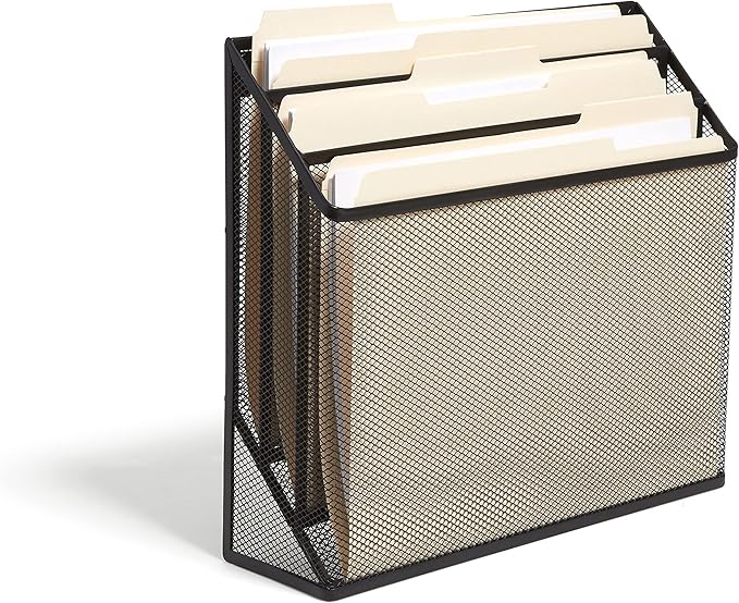 TRU RED Wire Mesh File Organizer, 3‑Compartment, Matte Black – Vertical Desktop Sorter for Files, Folders & Mail
