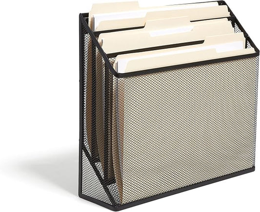 TRU RED Wire Mesh File Organizer, 3‑Compartment, Matte Black – Vertical Desktop Sorter for Files, Folders & Mail