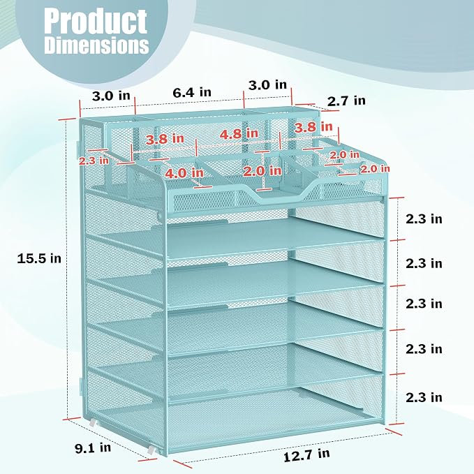 Docnest 6 Tier Mesh Desk Organizer for Paper Office Supplies – Multi-Functional Letter Tray with 5 Adjustable Compartments, 7 Pen Holders, Desktop Storage for Files, Mail, Stationery – Blue