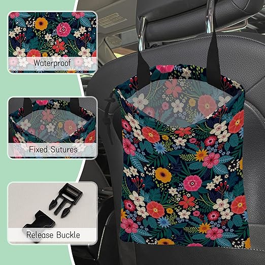 Colorful Flowers Car Garbage Bag,Waterproof Small Car Trash Bag Hanging Back of Seat,Drawstring Hanging Car Trash Bag with Adjustable Buckle for Car Accessories