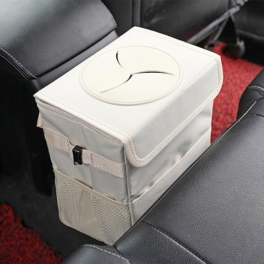 AOKJOY Car Garbage can with lid Leak Proof Vehicle Trash Can 3 Storage Pockets Hanging Waterproof car Trash Bag for SUV Beige