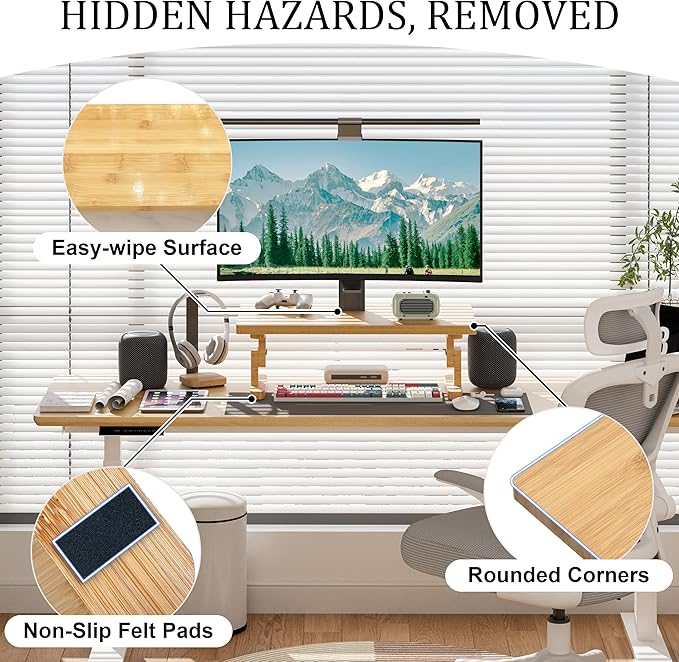 Bamboo Monitor Stand Riser for Desk, Height Adjustable Computer Riser & Laptop Stand, Ergonomic Desktop Organizer Shelf W/ Underneath Storage, Sturdy 100 lbs Capacity for Printer/TV/Home Office