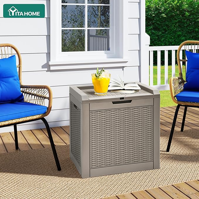 YITAHOME 32 Gallon Deck Box, Indoor Outdoor Storage Box for Patio Furniture, Pool Accessories, Cushions,Garden Tools,Sports Equipment, Waterproof Resin Rattan with Lockable Lid and Side Handles(Brown)