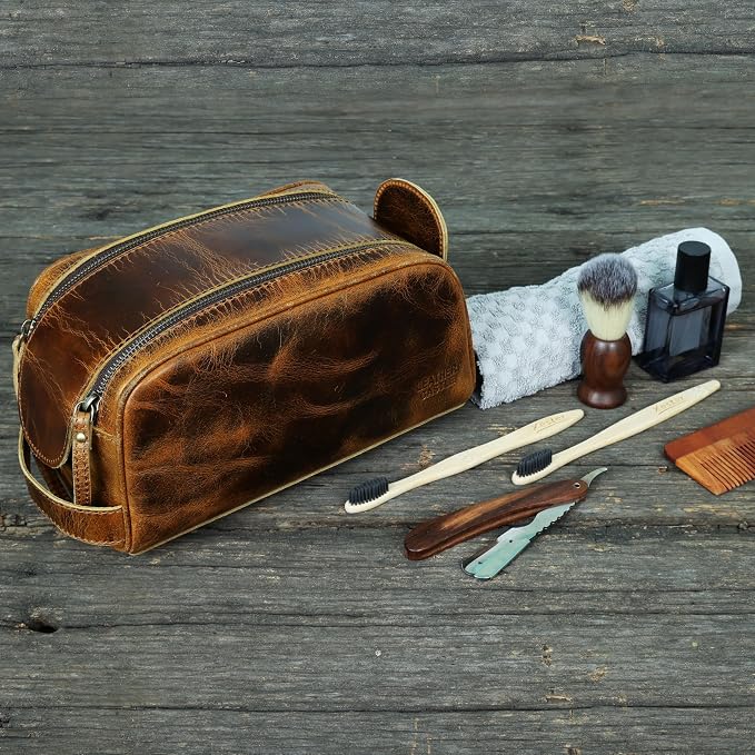 Toiletry Bag | Leather Dopp Kit for Men & Women with Multiple Compartments, Water-Resistant, Durable, Stylish | Portable Grooming Organizer for Shaving, Makeup, Essentials (Brown)