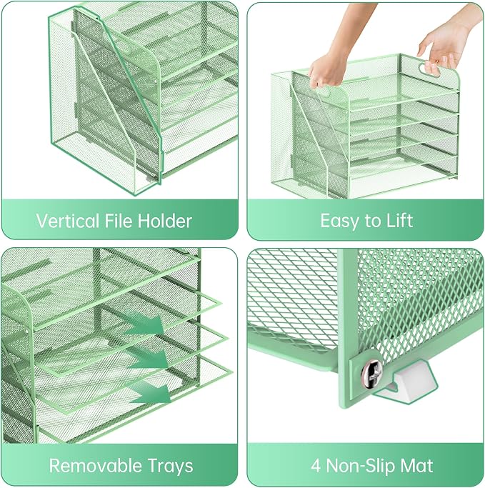 SUPEASY 5-Tier Desk Organizer with File Holder, Desk Organizers and Accessories, Paper Organizer for Desk, Mesh Desktop File Organizer, Workspace Organizers for Office School Home, Green