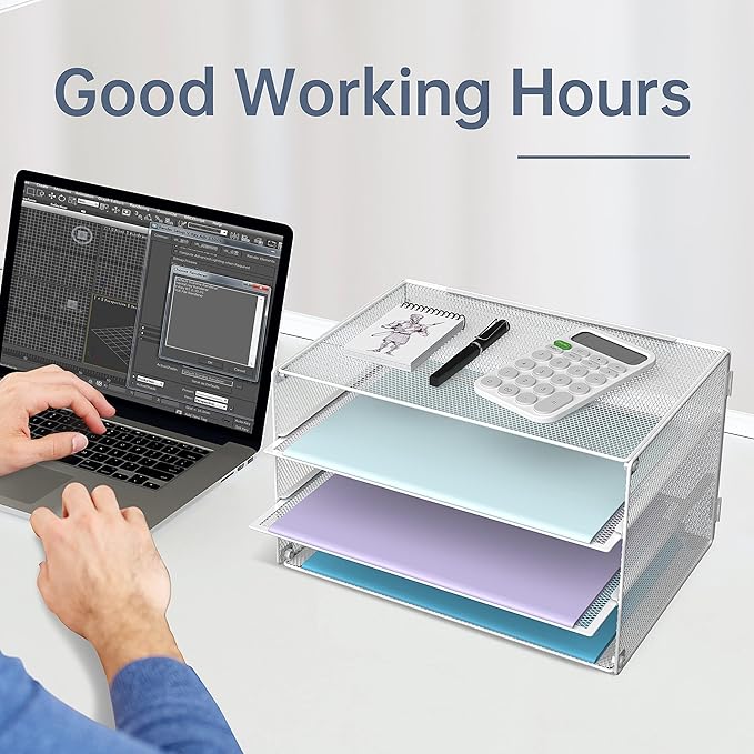DALTACK 3 Tier Letter Tray Paper Organizer for Desk, Mesh Metal Desk File Organizer with Sliding Trays for Letter/A4 Paper, Mail, Bills & Folders, 2 Pack, White