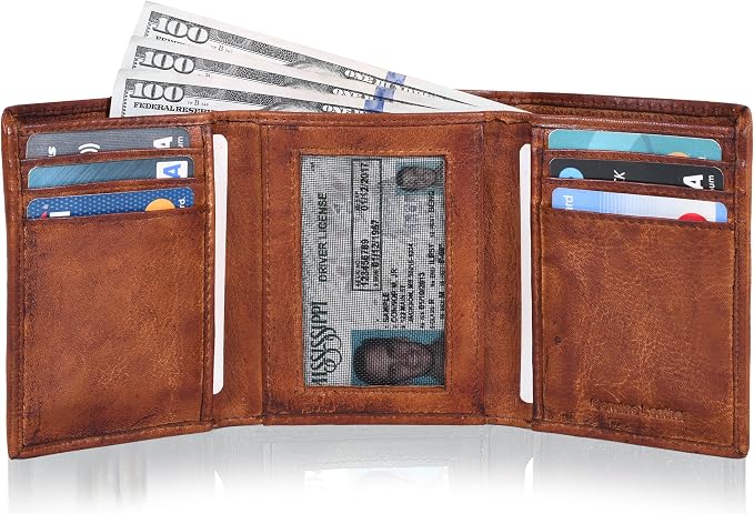 Tri fold Leather Wallet for Men with RFID | Slim Wallets for Men with 1 ID and 6 Credit card slots | Front Pocket Minimalist