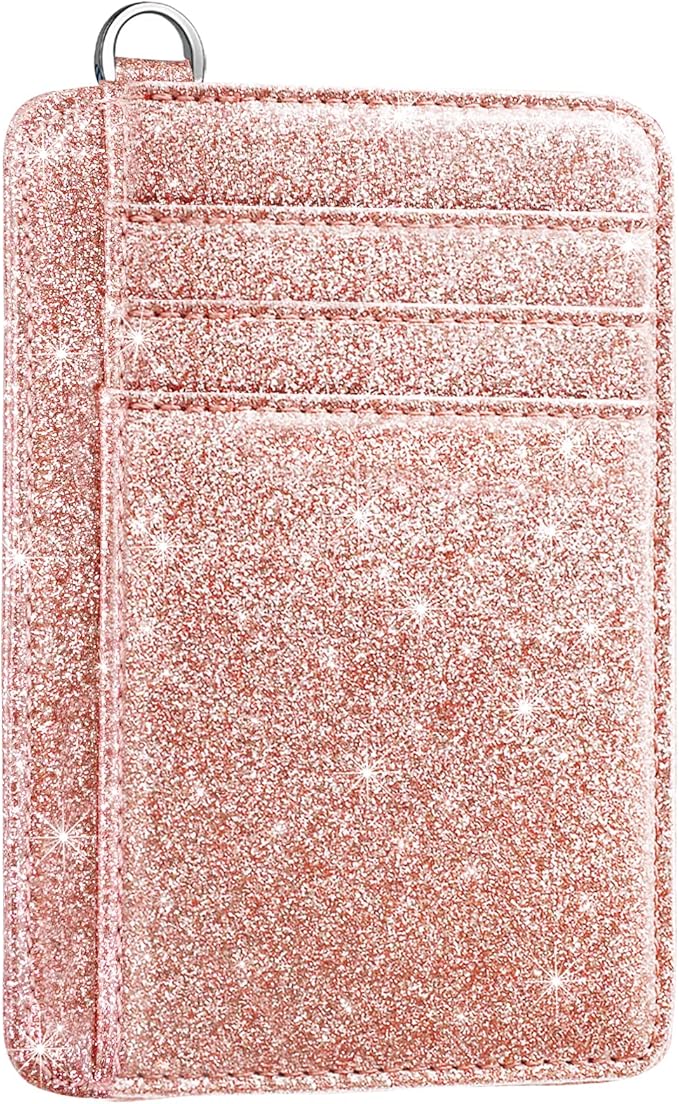 Coco Rossi Slim Front Pocket Wallet RFID ID Card Holder Cute Small Wallet with Keychian for Women,Rose Gold Glitter