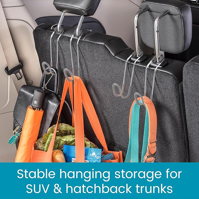 High Road Car Hooks for Purses and Bags with Leather Trim - Unbreakable Headrest Car Hooks for Large Purse Straps and Heavy Bags up to 40 lbs - Secure Attachment Loops Fit All Headrest Posts, 2-Pack