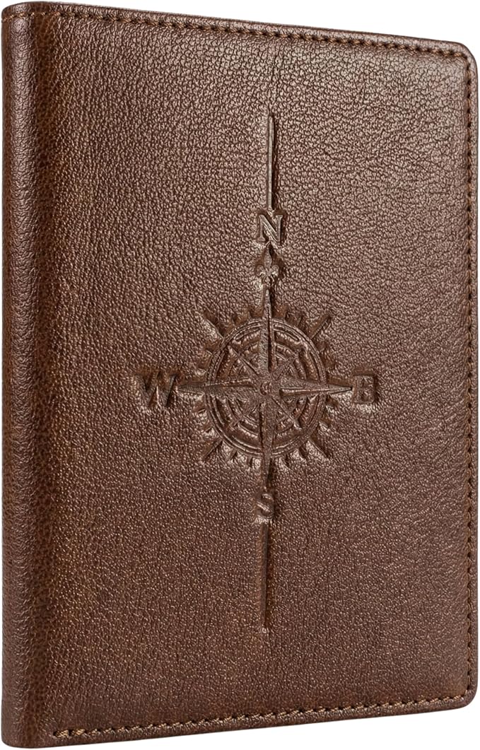 SETTINI Genuine Leather Passport Holder for Travel — RFID Blocking Passport Wallet for Men & Women, Compass Design, 6 Card Slots, ID Window, Travel Gift in Gift Box