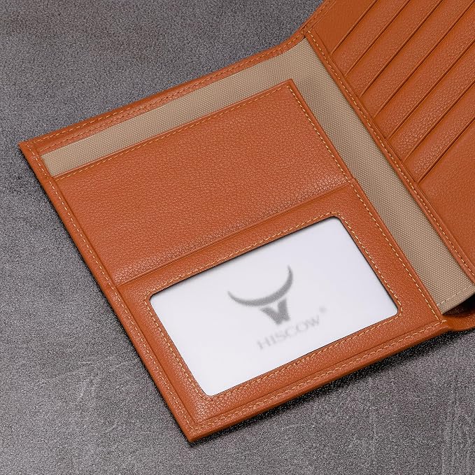 HISCOW Leather Passport Holder for Travel, Bifold Wallet, Tan | Full grain cowhide, RFID blocking, 7 card slots, cash compartment, frosted ID window, travel essentials, premium gift box