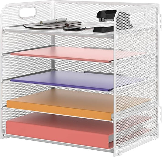 Supeasy 5 Trays Paper Organizer Letter Tray with Handle-Mesh Desk File Holders, Paper Sorter Desk Organizer for Office, Home, Classroom or School, White