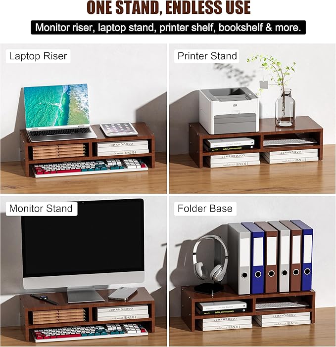 Monitor Stand Riser with Storage, 2 Tier Desk Organizer & Desktop Wood Shelf, Ergonomic Computer Stand for Laptop, PC & Printer, 16" Small TV Riser with 50 lbs Weight Capacity, Walnut Brown