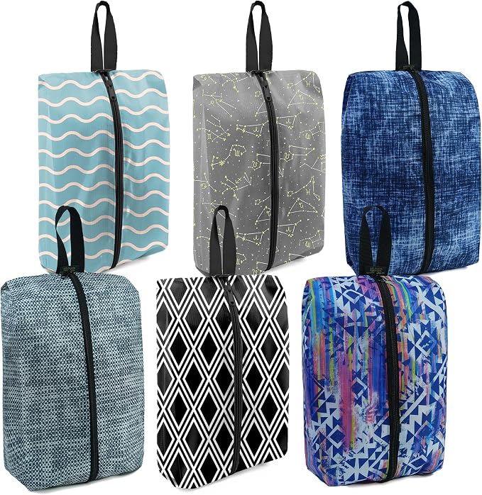 BeeGreen Shoe Bags 6 Pack Geometry Design for Travel with Handle as Packing Organizers for Suitcase and Luggage | Portable Nylon Storage Accessories for Vacations, Essential Gifts for Women and Men