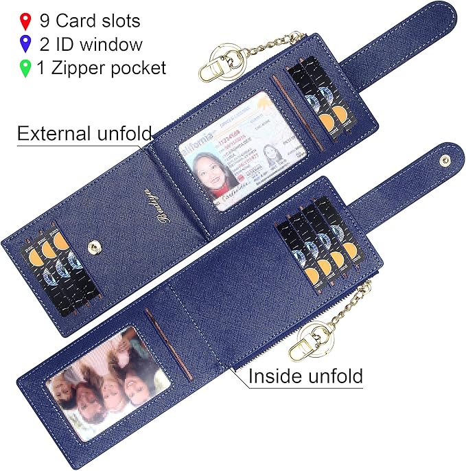 Badiya Slim Women Wallet RFID Blocking Bifold Compact 9 Card Slots Holder Wallets Soft Leather with Zipper Coin Pocket 2 ID Window