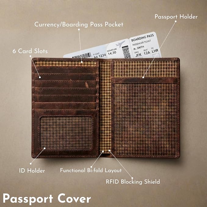 SETTINI Genuine Leather Passport Holder for Travel — RFID Blocking Passport Wallet for Men & Women, Compass Design, 6 Card Slots, ID Window, Travel Gift in Gift Box