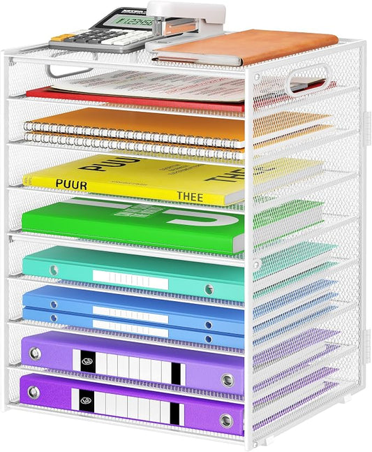 Cawukege 9 Tier Paper Organizer with Handle, White Large Capacity Desk Organizer Mesh File Folder Letter Paper Tray Desktop Document Sorter for Classroom, School, and Office Accessories Organization