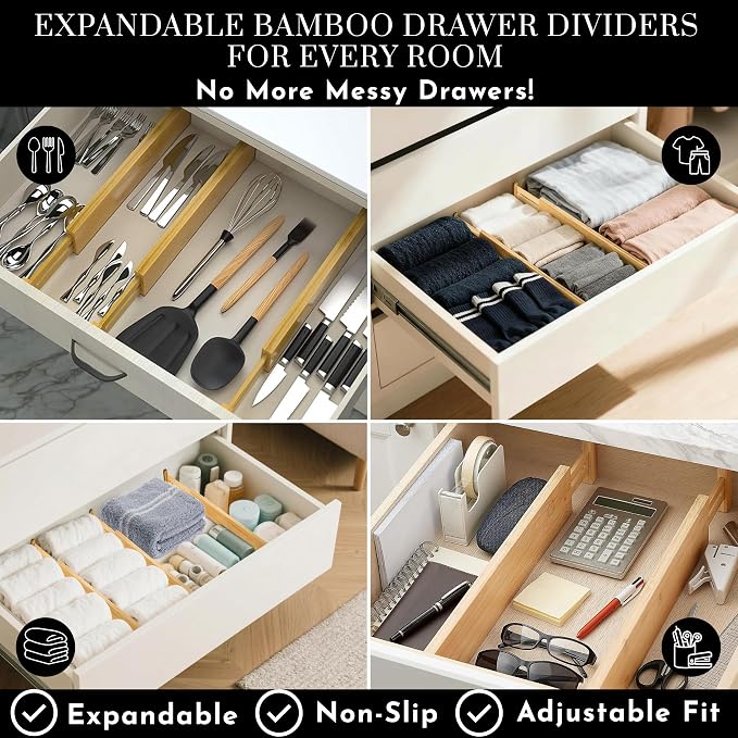 Expandable Bamboo Drawer Dividers 8 pack with labels(17"-22") Drawer Organizer for Kitchen, Clothes,Utensils,Silverware,Dresser,Office,Desk
