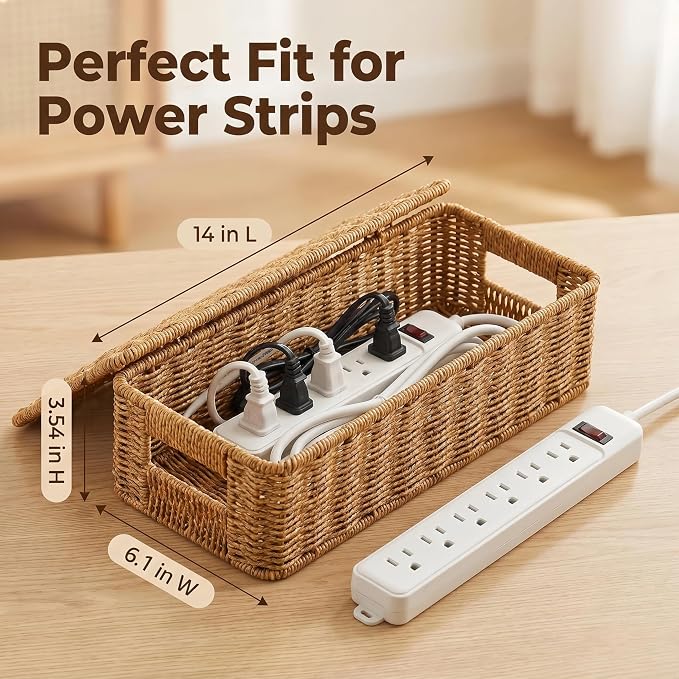 Cable Management Box,Handmade Rattan Cable Organizer, Open Slots Cords Hider Box Cord Basket Under Desk Cord Organizer for Computer Router USB Hub & Power Strip(Large Size 14")