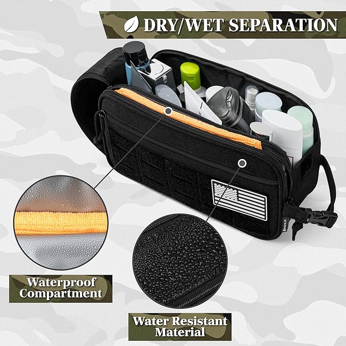 PAVILIA Tactical Toiletry Bag for Men, Water Resistant Molle Military Dopp Kit, Travel Hygiene Organizer with Wet Dry Storage for Shaving, Grooming, Gym and Camping, Black
