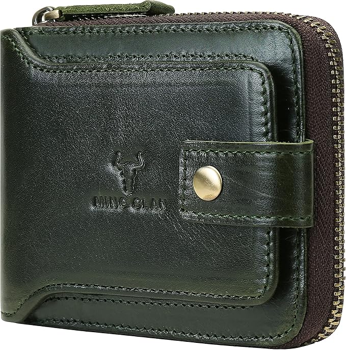 MING CLAN Leather RFID Blocking Bifold Wallet For Men With Zipper, Flap ID Window Zip Coin Pocket, Big Capacity Credit Card Holder For Travel