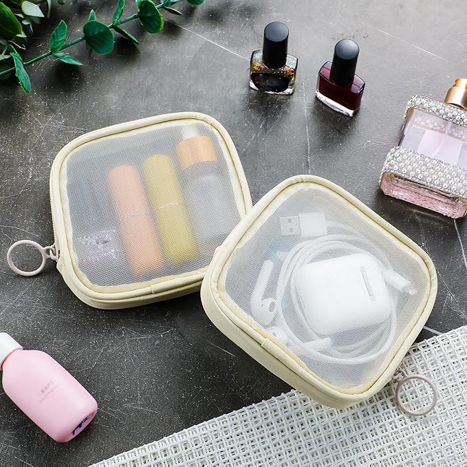 Weewooday 4 Pcs Mesh Makeup Bag Mesh Cosmetic Bag Travel Toiletry Pouch with Zipper Mini Makeup Cosmetic Purse for Daily Accessory(Small,Beige)