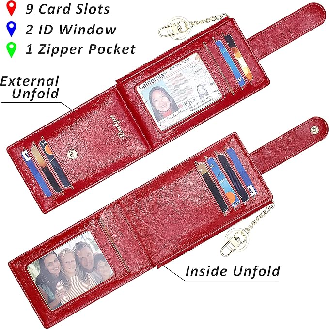 Badiya Slim Women Wallet RFID Blocking Bifold Compact 9 Card Slots Holder Wallets Soft Leather with Zipper Coin Pocket 2 ID Window