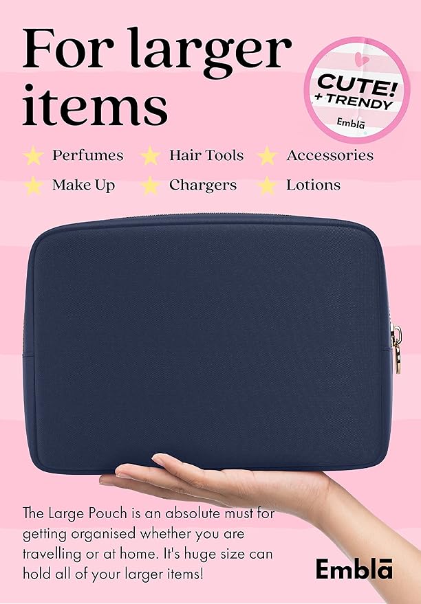Embla Large Makeup Bag and Waterproof Nylon Travel Toiletry Bag, Large Capacity Cosmetic Zipper Pouch, Navy Blue