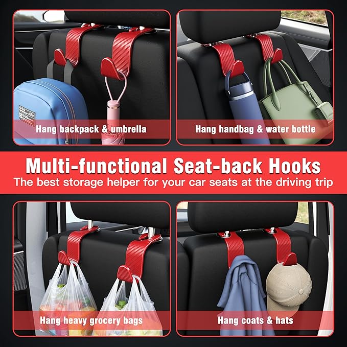 Amooca Car Seat Headrest Hook 4 Pack Hanger Universal Vehicle Car Storage Organizer for Handbag Purse Coat S Type Checkered Red