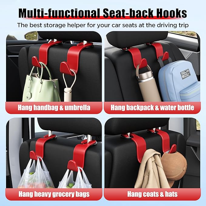 Amooca Car Seat Headrest Hook 4 Pack Hanger Storage Organizer Universal for Handbag Purse Coat Universal fit Vehicle Car Red with Clip