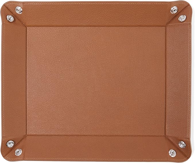 Leatherology Cognac Leather Rectangle Valet Tray – Sleek Catchall Organizer for Desk, Nightstand, or Entryway – Snap Design with Stitched Edge Detailing