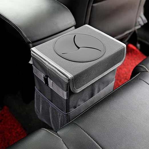 AOKJOY Car Garbage can with lid Leak Proof Vehicle Trash Can 3 Storage Pockets Hanging Waterproof car Trash Bag for SUV Grey
