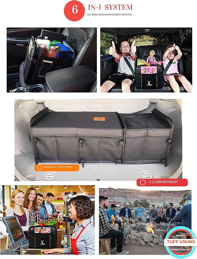 Tuff Viking Convertible Large 3 Compartment SUV Trunk Organizer with Cover | Truck Bed Organizer | for Trucks, Cars, SUVs and Groceries with Tie Down Straps. (6 in 1 with Cover, Black)