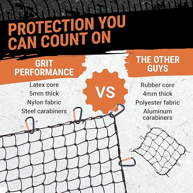 Grit Performance Cargo Net for Roof Rack - 22 x 38 Inch, Heavy-Duty, Mesh Square Bungee Netting with 12 Black Clips and Storage Bag - Holds Small and Large Loads