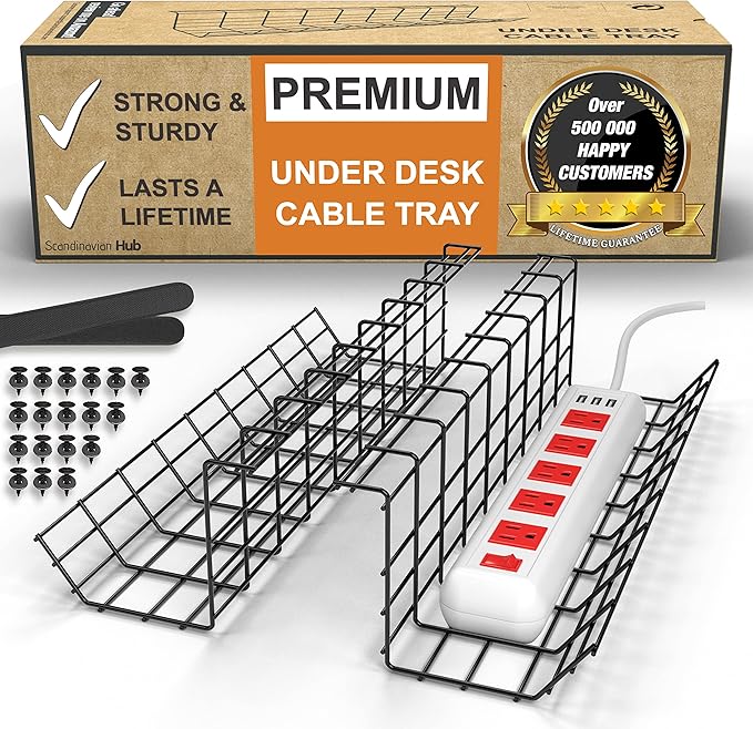 Under Desk Cable Management Tray, Cord Organizer for Desk, Cable Organizer, Wire Organizer, Cord Management, Wire Holders - Black Tray - Set of 2x17