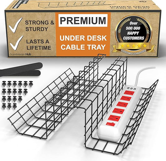Under Desk Cable Management Tray, Cord Organizer for Desk, Cable Organizer, Wire Organizer, Cord Management, Wire Holders - Black Tray - Set of 2x17