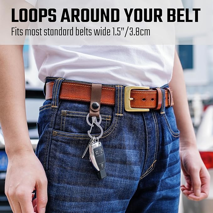KeyUnity KS03 Leather Belt Keychain with 420 Stainless Steel Carabiner Clip - Multi-Use Key Holder for EDC Outdoor, Home & Travel