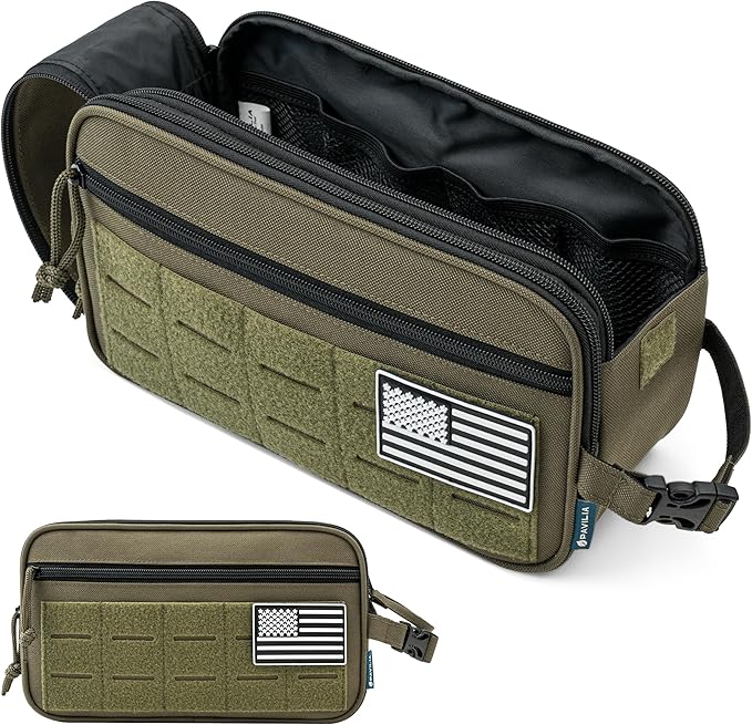 PAVILIA Tactical Toiletry Bag for Men, Water Resistant Molle Military Dopp Kit, Travel Hygiene Organizer with Wet Dry Storage for Shaving, Grooming, Gym and Camping, Olive